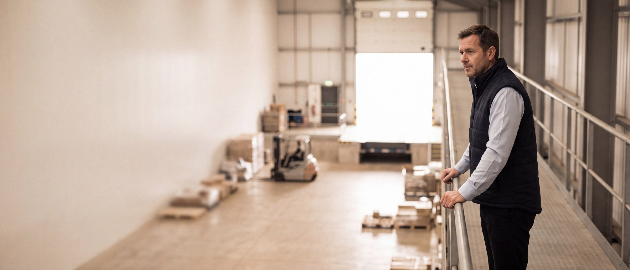 An operations manager on a warehouse floor, reading a tablet