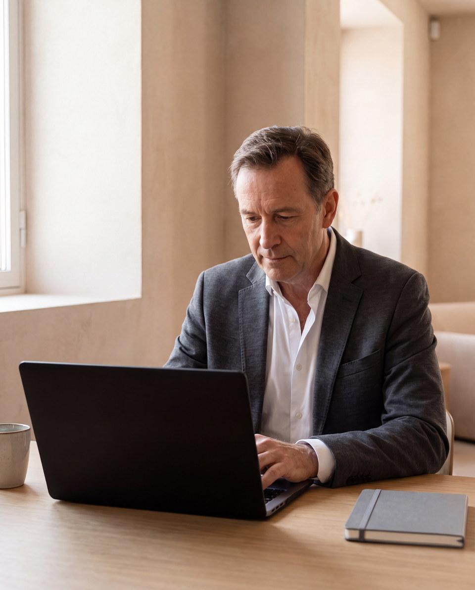 An agency consultant at his desk, replying to the client